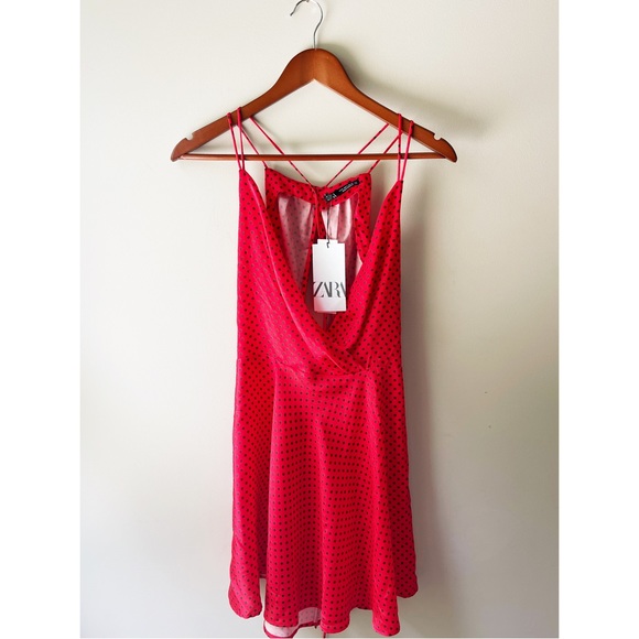 Zara Silky Red Polka Dot Mini Dress Open Back Medium New Tags - Picture 4 of 6